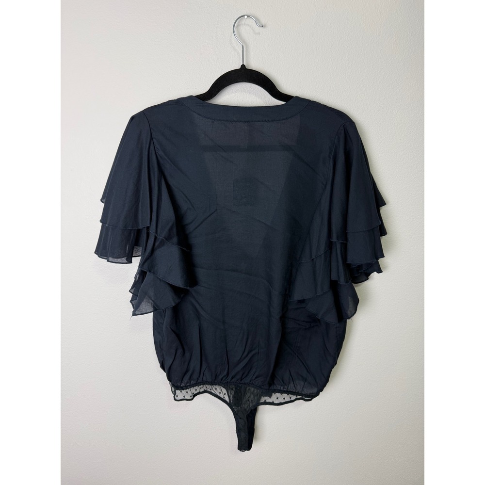 Free People Intimately Black Ruffle Sleeve Tie Front Mesh Bodysuit OB959390 L - Picture 8 of 9